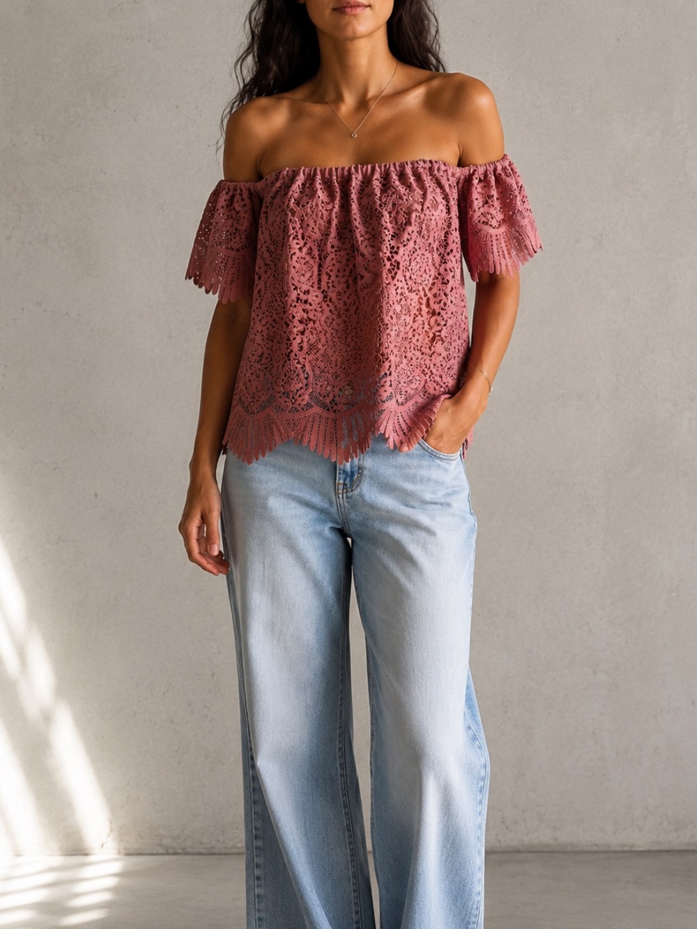 Lovers + Friends Dusty Rose Lace Off Shoulder Top S